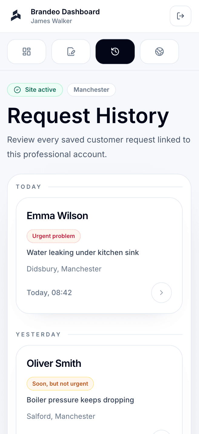 Saved request history mobile screen