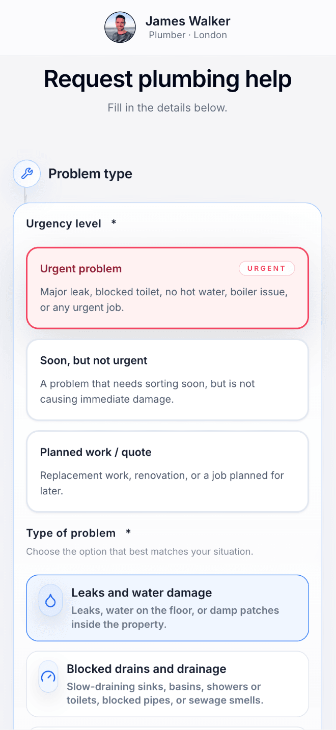 Mobile request form with Request plumbing help header